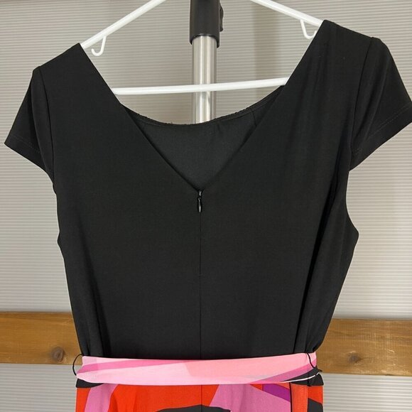 SLNY Black Scoop Neck Cap Sleeve Chiffon Multicolor Asymmetrical Maxi Dress Sz8 - Picture 7 of 16